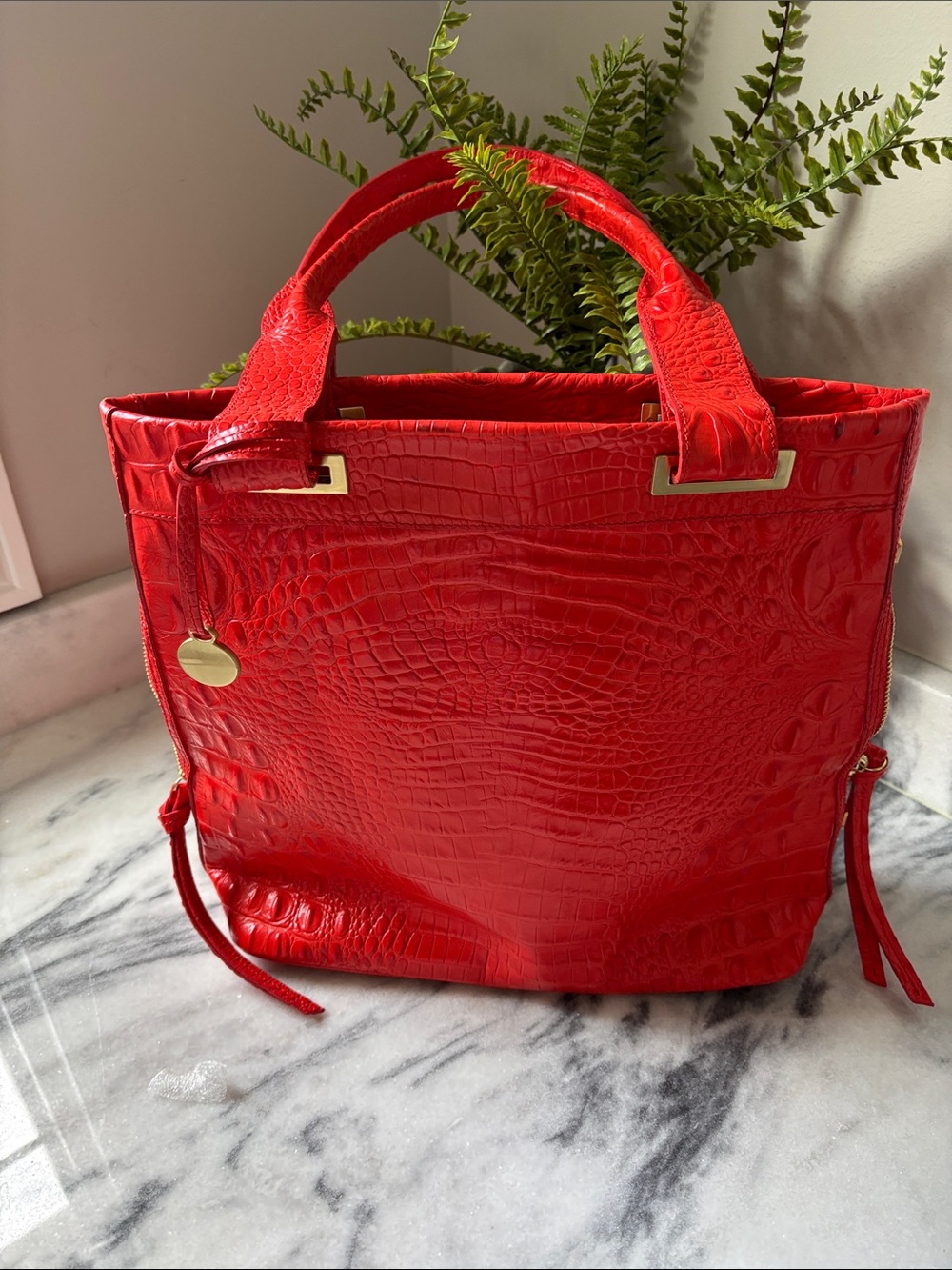 Brahmin Red Croc-Embossed Tote with Gold Accents